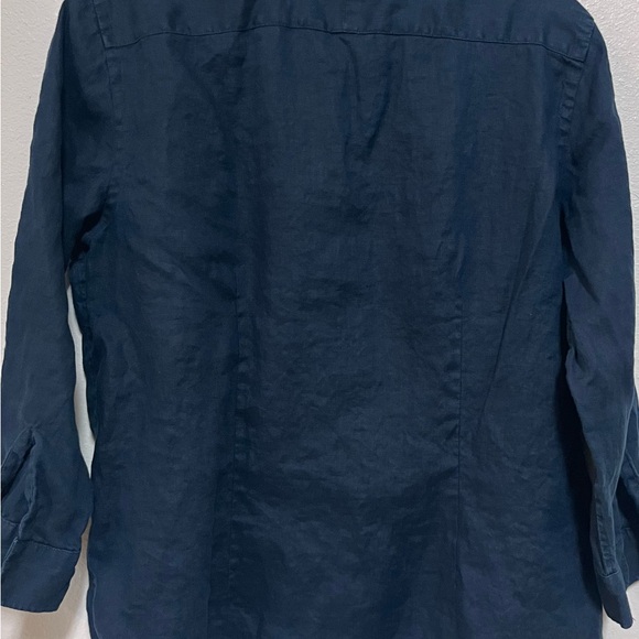 VNTG CHAPS Womens Large Navy Blue Linen Blouse ButtonDown 3/4 Sleeve Embroidered - Picture 5 of 5